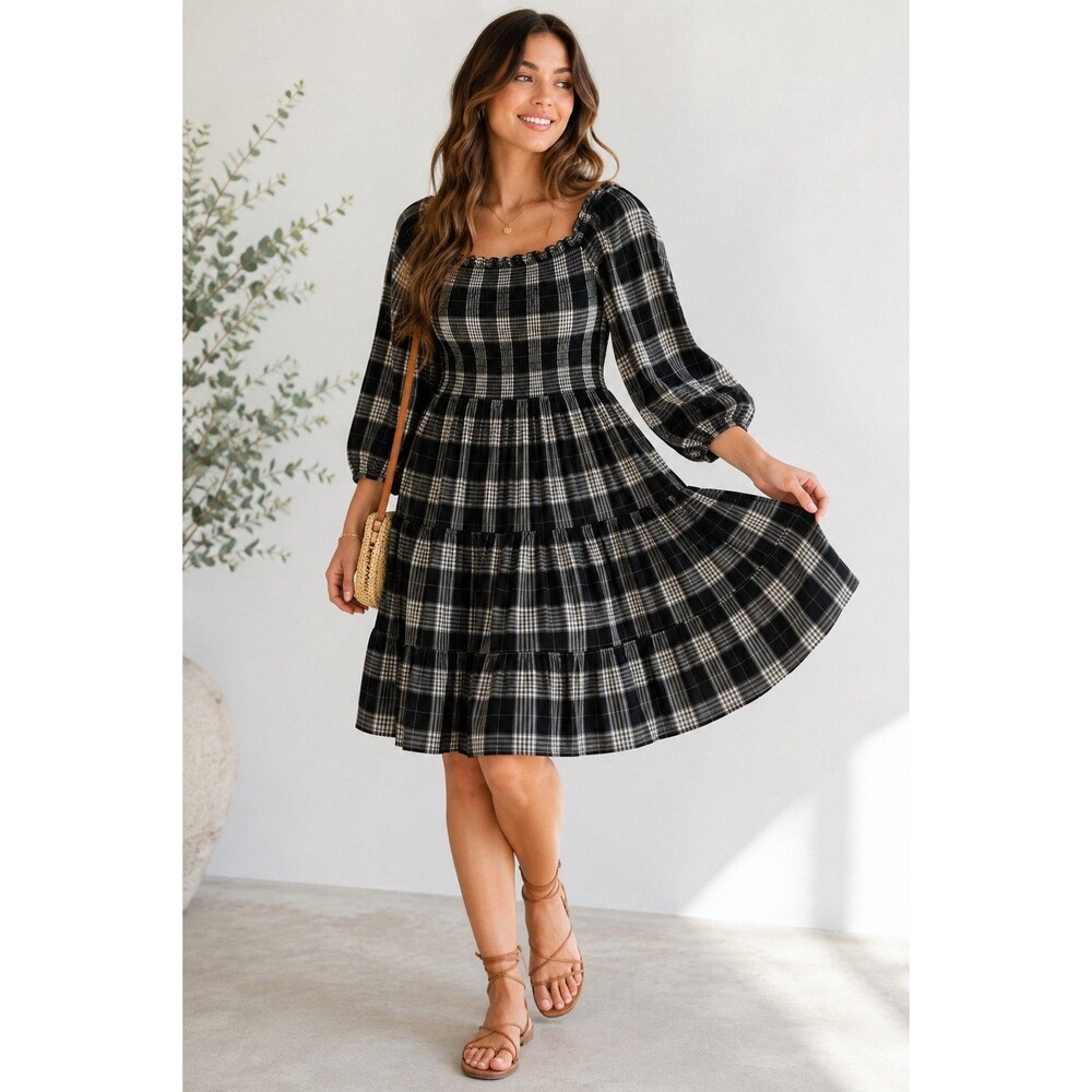 NWT Torrid Plaid Smocked Midi Dress Size 00 M/L Black White Cottagecore